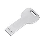 A sleek, silver seamless flash drive in a key shape with a loop for attachment.