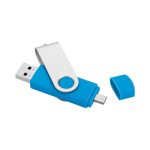 A blue and silver USB flash drive with a swivel cap and a branding logo. The drive has two connection types.