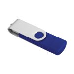 A blue and white USB flash drive with a swivel design and a circular button. It features a logo.
