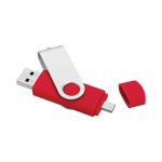 A red USB flash drive with a silver swivel cover and a removable cap. The drive has a logo on it.