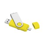A yellow USB flash drive with a swivel cover and a silver connector, featuring a logo.