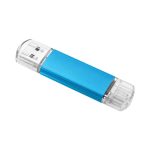 A blue USB flash drive with clear end caps and a sleek design, featuring a logo.
