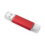 A red USB flash drive with clear ends and a streamlined design. It features a branding logo on the surface.