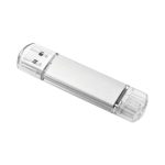 A clear USB flash drive with a rectangular design and silver accents. It features a logo on its body.