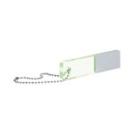 A glowing green USB flash drive with a silver metallic cap and a chain attachment for convenience.
