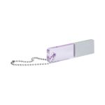 A purple and silver Glowing Flash USB on a chain, showcasing a sleek design with a modern finish.