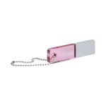 A pink and silver USB flash drive with a chain attachment. It has a reflective surface and a rectangular design.