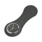 A grey nurse watch with a round silver dial and a smooth, elongated strap. It features a branding logo.