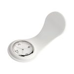 A white watch with a round dial and a smooth, curved band. It features a silver bezel and clear markings.