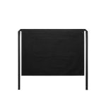 A black half apron with a single pocket and long ties, featuring a logo on the material.