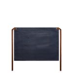 Denim half apron in dark blue with brown ties and a single pocket on the front, featuring a logo.