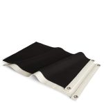 A black canvas flag with white edges, featuring metal grommets for easy hanging.