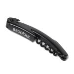 A black corkscrew bottle opener with a sleek design and a branding logo.