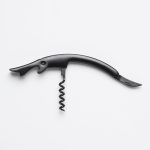 A black corkscrew bottle opener with a curved handle and a spiral corkscrew. It features a built-in knife and a logo.