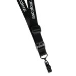 A black lanyard with a clip attachment and a branding logo. Suitable for exhibitions and events.