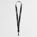 A black lanyard featuring a logo, designed for use at exhibitions and events.