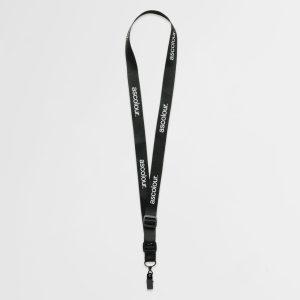 A black lanyard featuring a logo, designed for use at exhibitions and events.