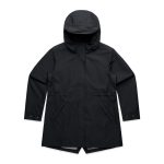 A black soft shell jacket with a hood and front pockets, featuring a simple design and a branding logo.