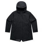 A black soft shell jacket with a hood and side pockets, featuring a streamlined design and a fitted look.