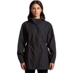 A black soft shell jacket with a hood and drawstring waist. It features side pockets and a logo.