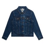 A denim jacket in a deep blue shade featuring a classic collar, front pockets, and button closure. It has a logo.