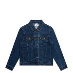 A denim jacket in dark blue with a classic front design, featuring pockets and a logo.