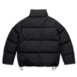 A black puffer jacket featuring a high collar and a drawstring hem, with a logo on the back.