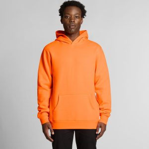 An orange hoodie featuring a front pocket and a hood, modelled by a person against a neutral background.