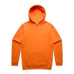 An orange hoodie with a front pocket and a hood, featuring a logo on the chest area.