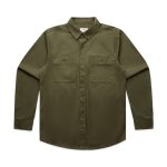An olive green work shirt with a button-up front and two chest pockets, featuring a logo on the chest.