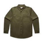 A green work shirt featuring two chest pockets and long sleeves, with a collar and buttons down the front.
