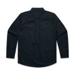 A black work shirt featuring long sleeves and a buttoned cuff, showing the back view. It has a logo on the fabric.