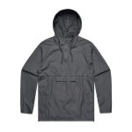 A grey windbreaker jacket with a hood and a front pocket, featuring a logo on the chest.