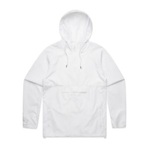 A white windbreaker jacket with a hood, featuring an adjustable drawstring and a front pocket. It has a logo.