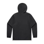 A black windbreaker jacket with a hood and elastic cuffs, featuring a plain design and a logo.