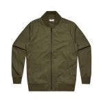 An olive green bomber jacket featuring a zip front and ribbed collar and cuffs. It has a logo on one side.
