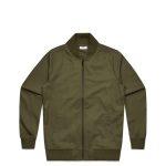 An olive green bomber jacket with a zip front and collar. The jacket has long sleeves and a simple design.