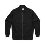 A black bomber jacket with a zip front and ribbed collar and cuffs, featuring a logo on the back.