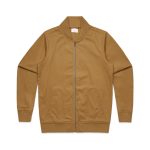 A brown bomber jacket featuring a zip closure and ribbed collar, with a logo on the label.