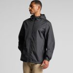 A black rain jacket with a hood and zippered front, featuring a logo on the sleeve.