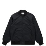A black bomber jacket with a plain design, featuring a button front and ribbed cuffs and hem.