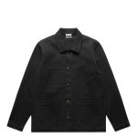 A black canvas chore jacket featuring a collared neck, button closure, and multiple front pockets.