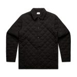A black quilted puffer jacket with a collared neckline and button front, featuring a logo.