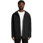 A black rain jacket with a hood, featuring a front opening and buttons, and a logo on the upper left.