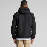 A black heavy hooded jacket with a hood, shown from the back, featuring a clean design and a logo.