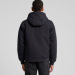 A black canvas bomber hood jacket featuring a hood and a simple design, with a logo on the back.