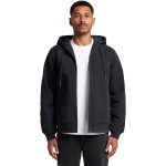 A black canvas bomber hood jacket featuring a front zipper and drawstring hood, worn by a model.
