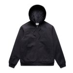 A black hooded bomber jacket with a quilted lining and ribbed cuffs, featuring side pockets and a front zipper.