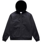 A black Canvas Bomber Hood Jacket featuring a hood and side pockets, with a front zip closure.