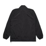 A black jacket with elastic cuffs and a collar, featuring a logo on the back.